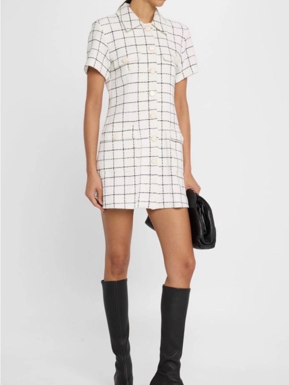 MARELLA White Windowpane Short-Sleeve Midi Dress
